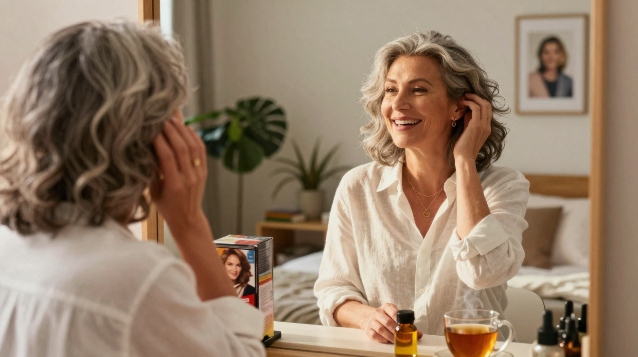 Mulher madura sorrindo diante do espelho em quarto, com produtos de cuidados e chá na mesa.
