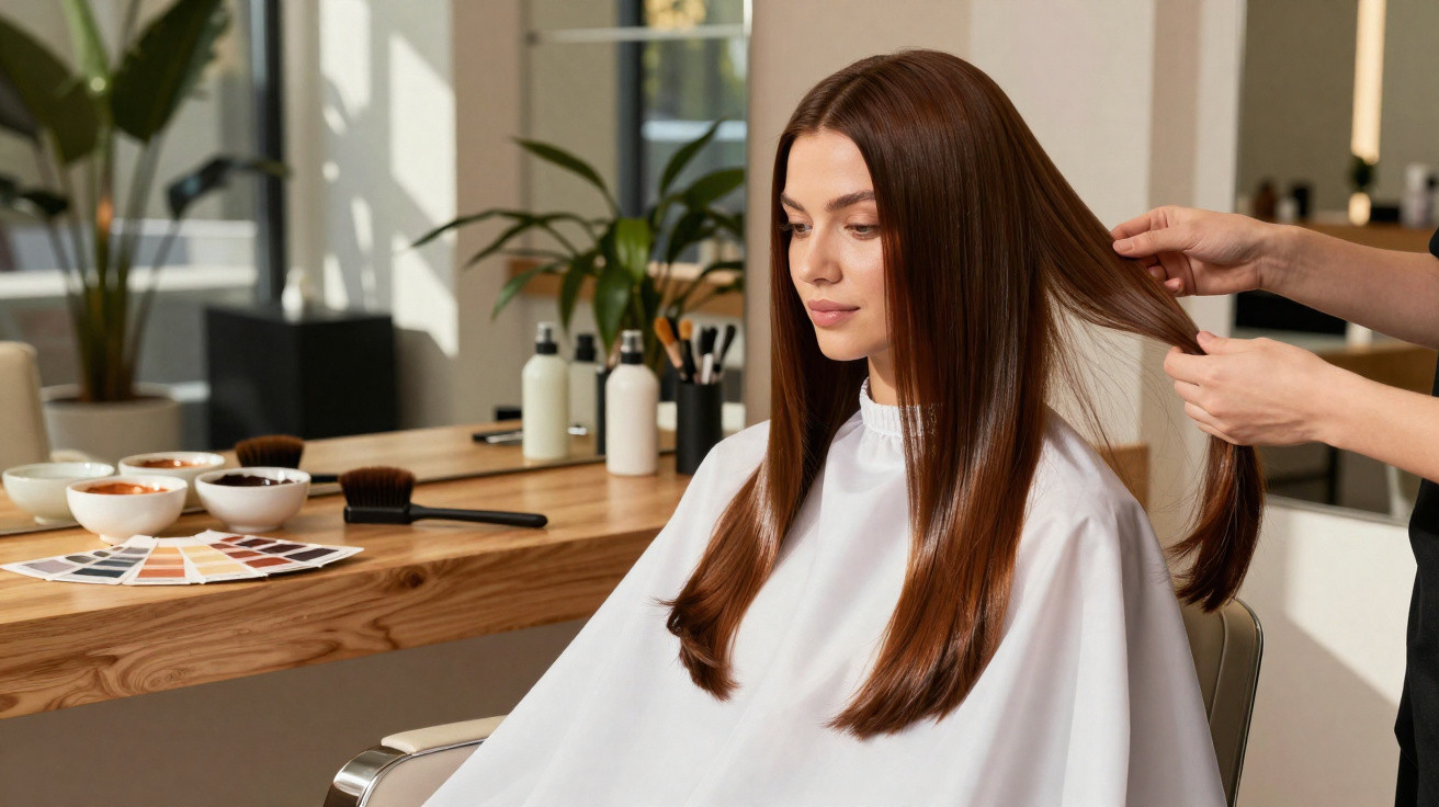 Mulher com cabelo longo e liso sendo avaliada por cabeleireiro em salão de beleza moderno.