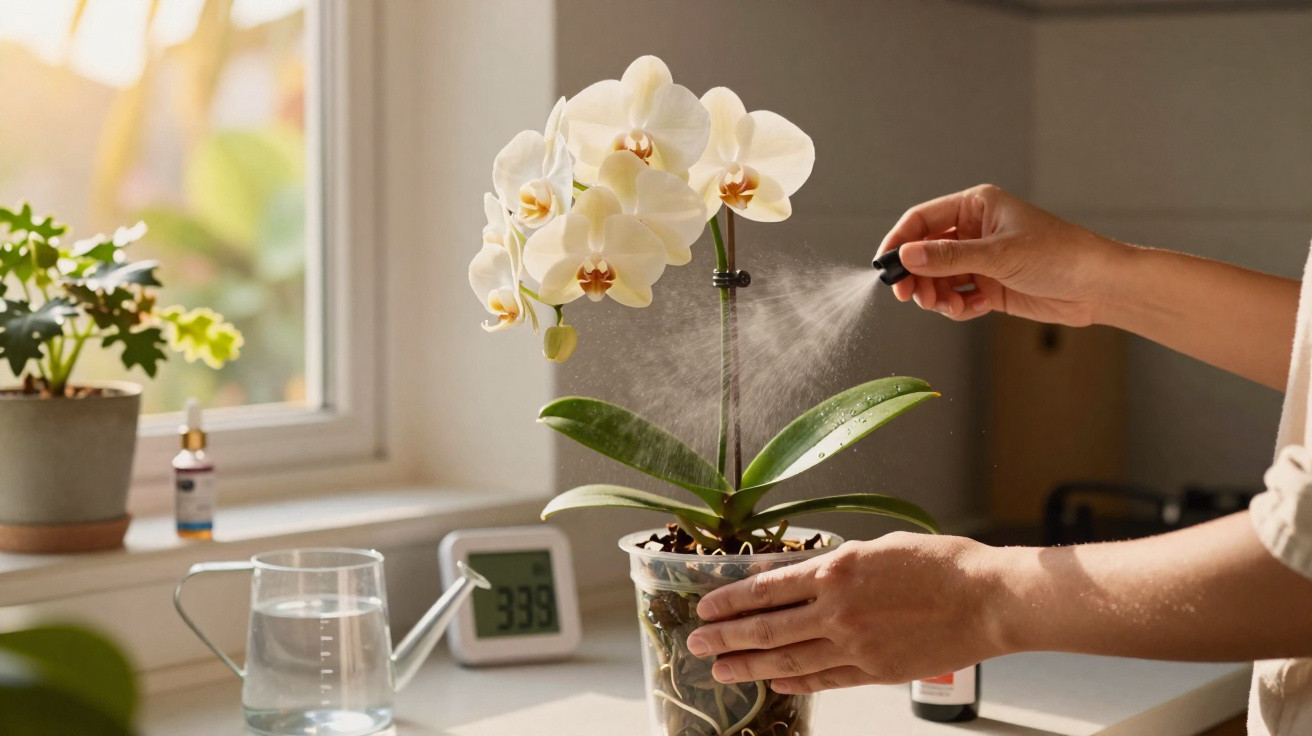 Pessoa borrifando água em orquídea branca dentro de casa, próxima a janela iluminada.