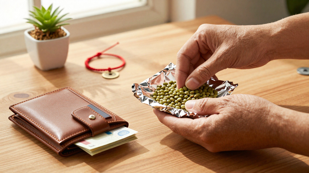 Mãos segurando folhas de alumínio com feijões verdes sobre mesa com carteira, dinheiro, planta e pulseira vermelha.