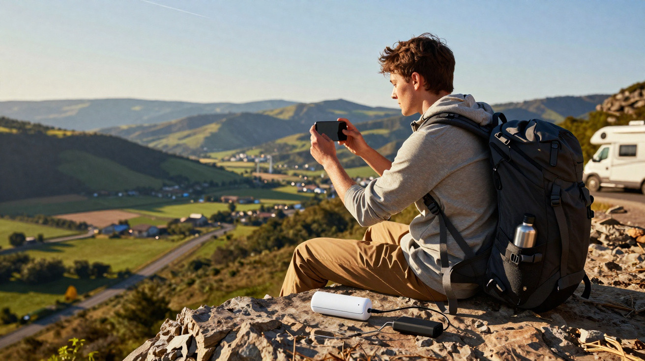 Jovem com mochila grande sentado em pedra fotografando paisagem de campos e morros ao entardecer.