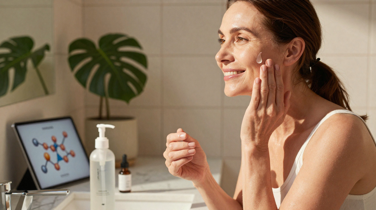 Mulher aplicando creme facial no rosto em banheiro iluminado com plantas ao fundo.
