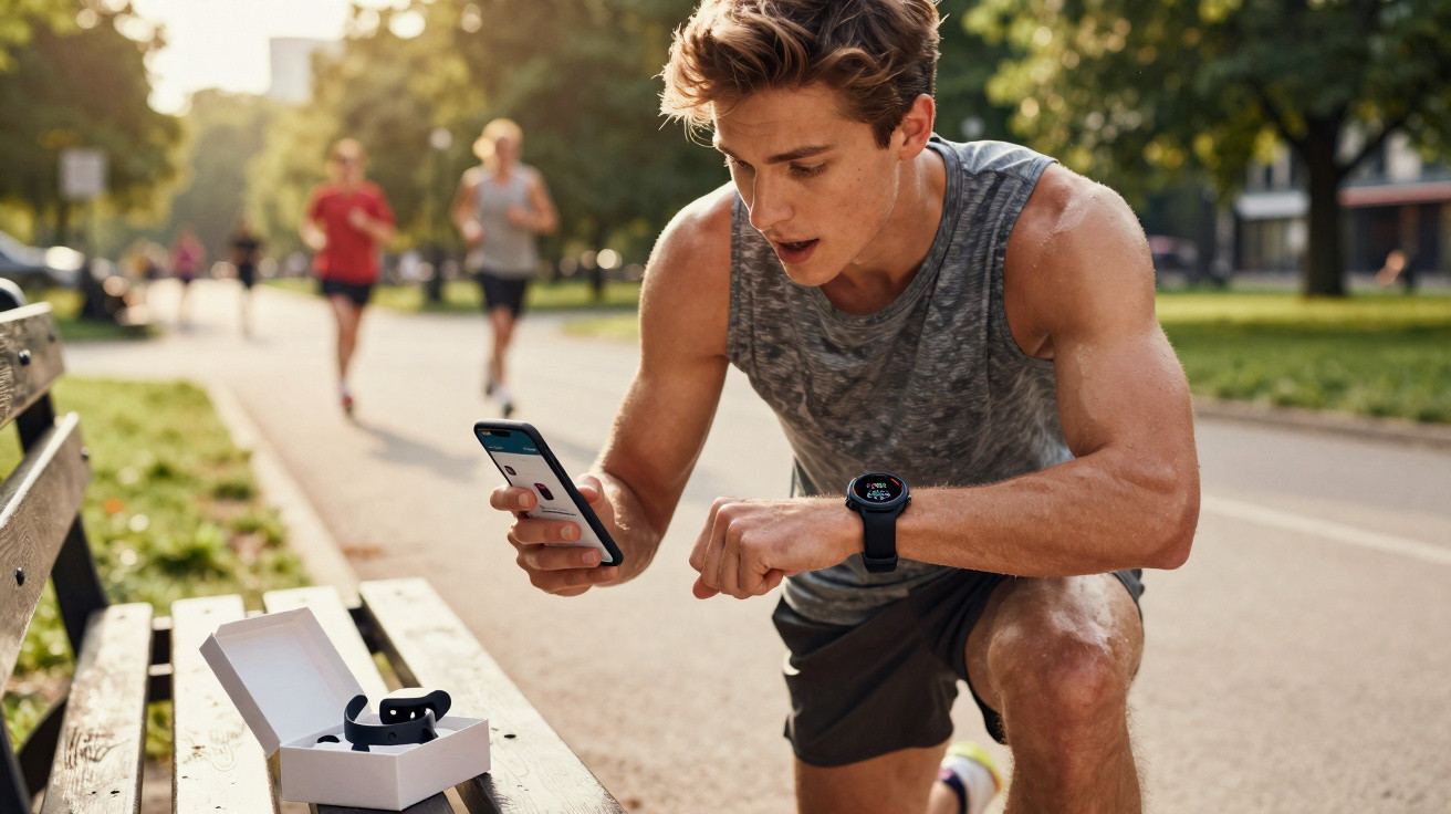 Homem atleta olhando smartwatch e segurando celular em banco de parque durante corrida.