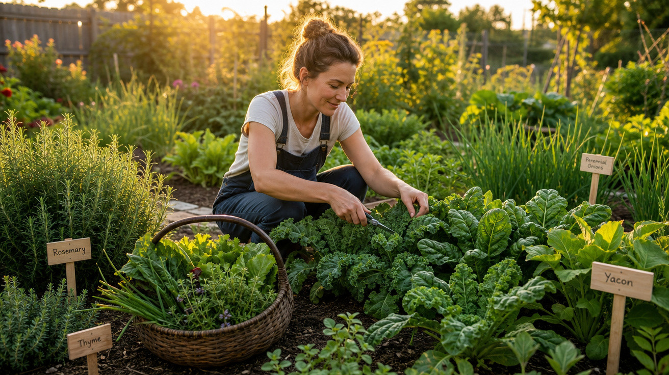 Mulher colhendo verduras em horta ao ar livre ao entardecer com cesta cheia de hortaliças.