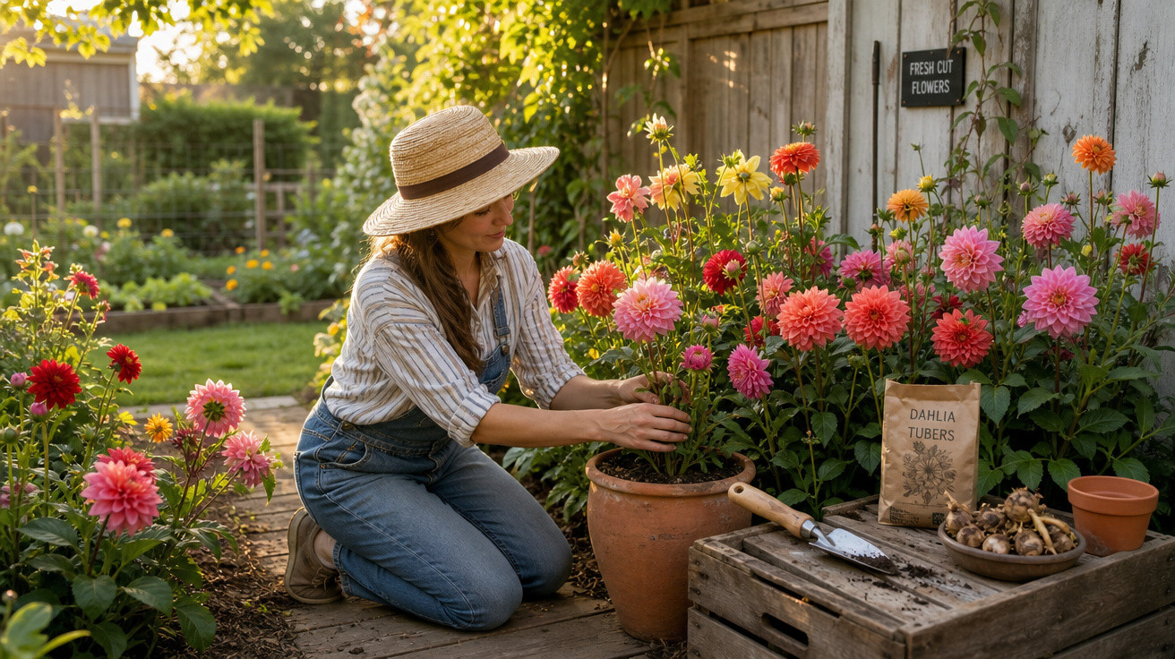 Mulher usando chapéu cuidando de flores coloridas em vaso no jardim ao entardecer