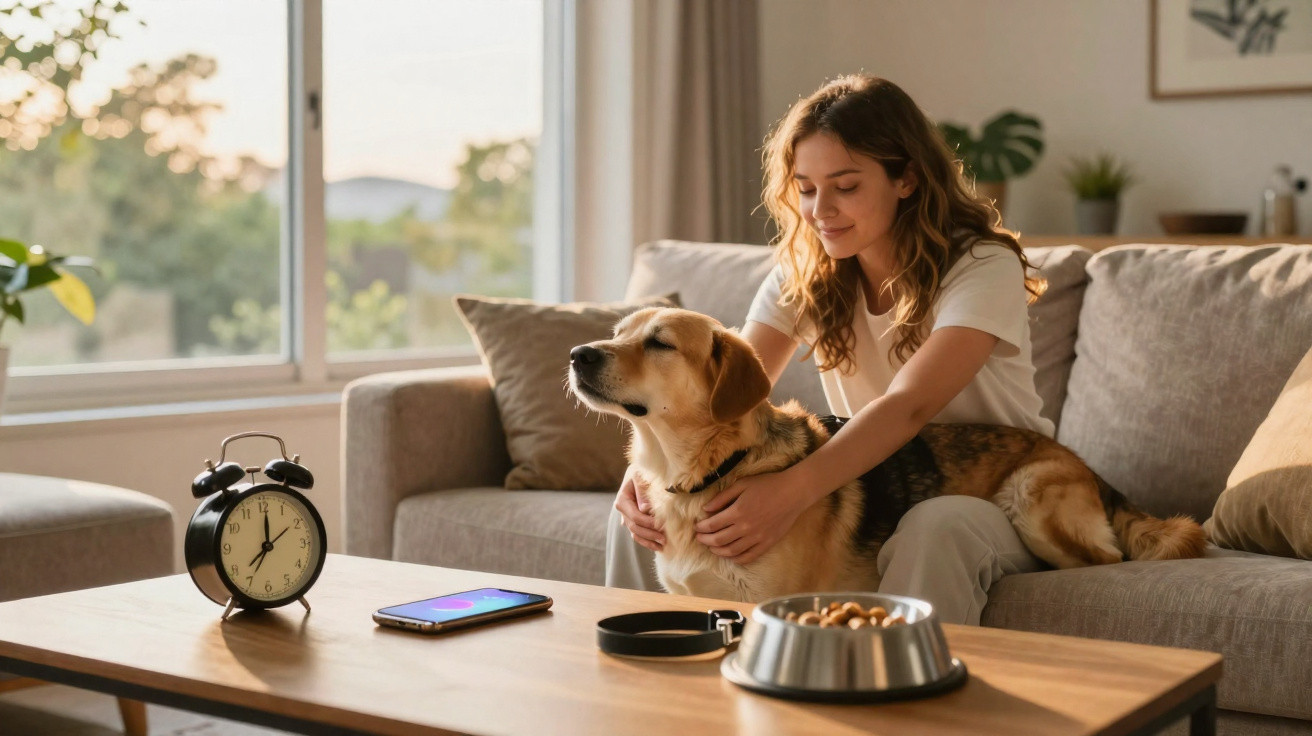 Mulher acariciando cachorro no sofá, com mesa, celular, coleira, comedouro e despertador à frente.