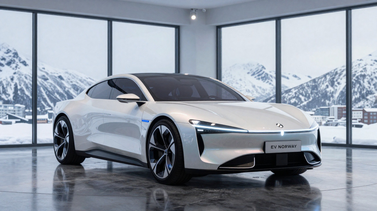 Carro elétrico branco EV Norway em um showroom com janelas grandes e vista para montanhas nevadas.