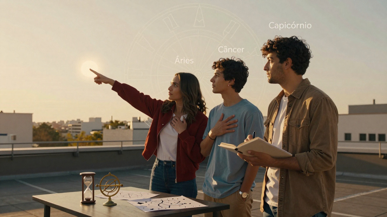 Três jovens observam o pôr do sol no terraço com objetos e mapas astrológicos sobre a mesa.