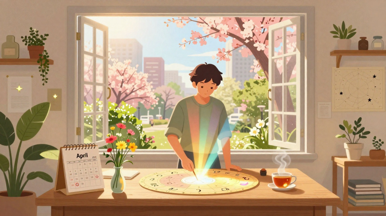 Pessoa em mesa com jogo de tabuleiro iluminado, janela aberta com árvore florindo e cidade ao fundo.