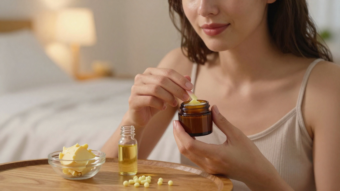 Mulher aplicando creme em pote marrom, com óleo, manteiga e cápsulas em bandeja de madeira.