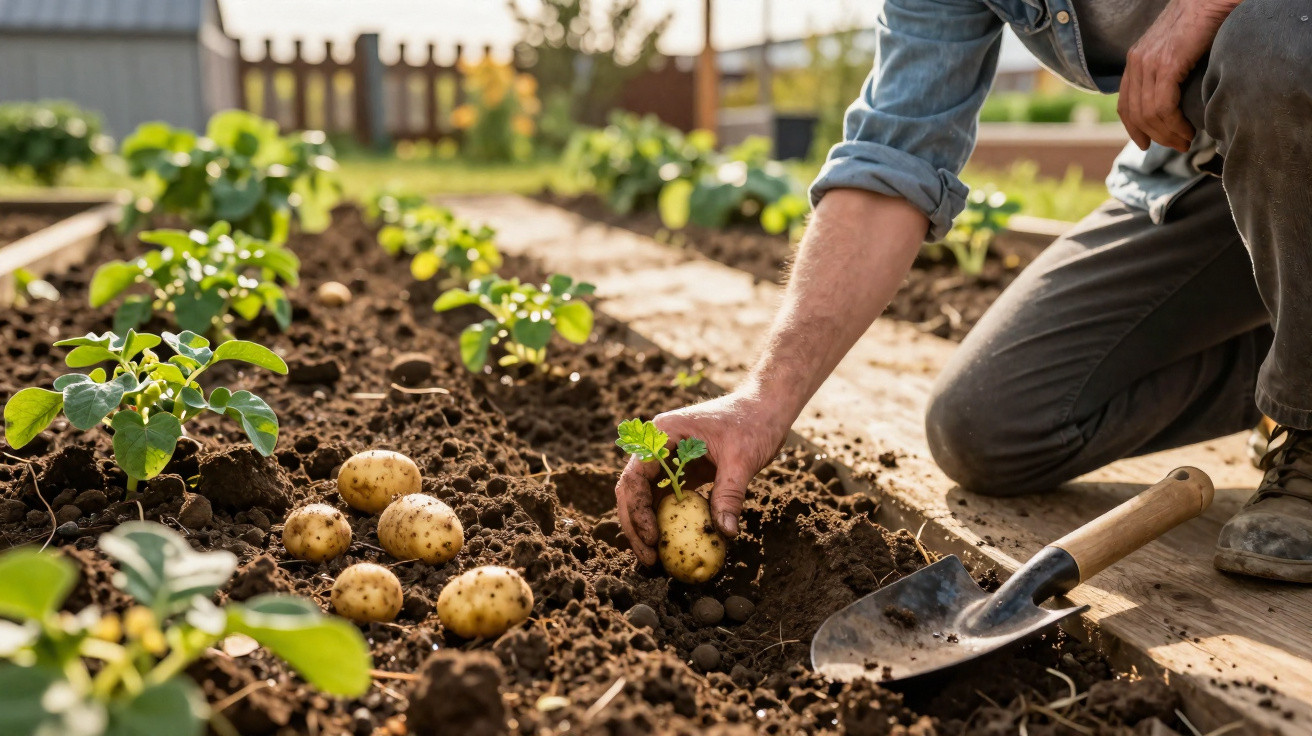 Pessoa colhendo batatas em solo de horta com muda, com pá de jardim ao lado, em dia ensolarado.