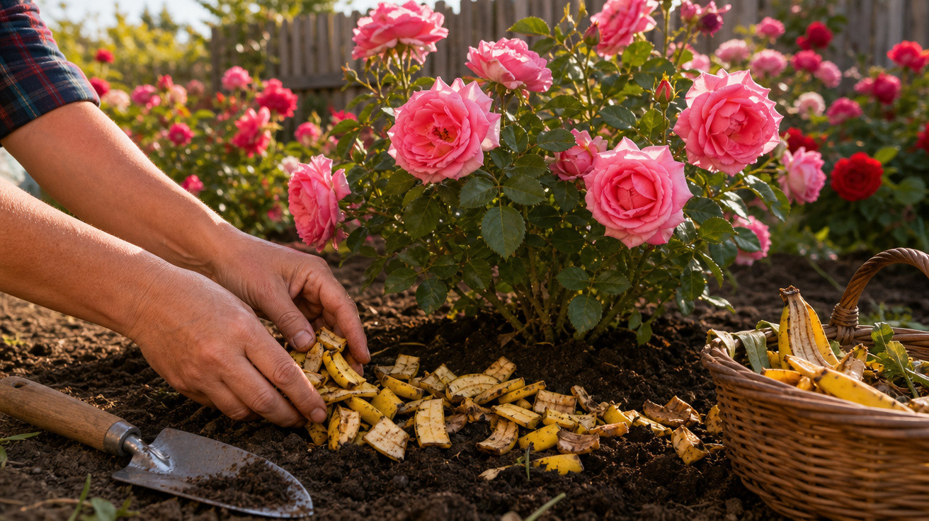 Pessoa adicionando cascas de banana no solo perto de um vaso com rosas cor de rosa em um jardim.
