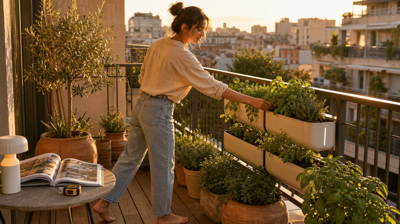 Mulher cuidando de plantas em varanda de apartamento ao entardecer com luz quente do sol.