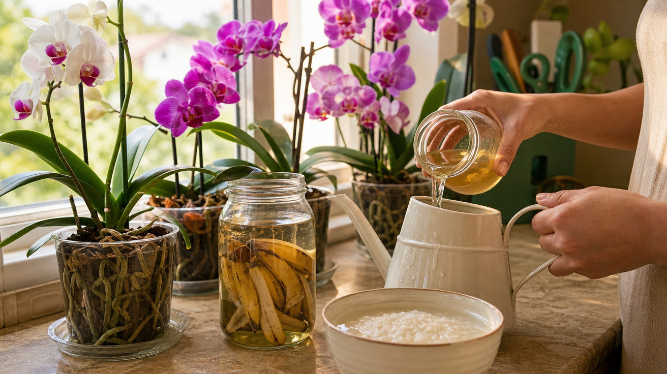 Mãos preparando solução para regar orquídeas, com jars de cascas de banana e orquídeas roxas e brancas na janela.