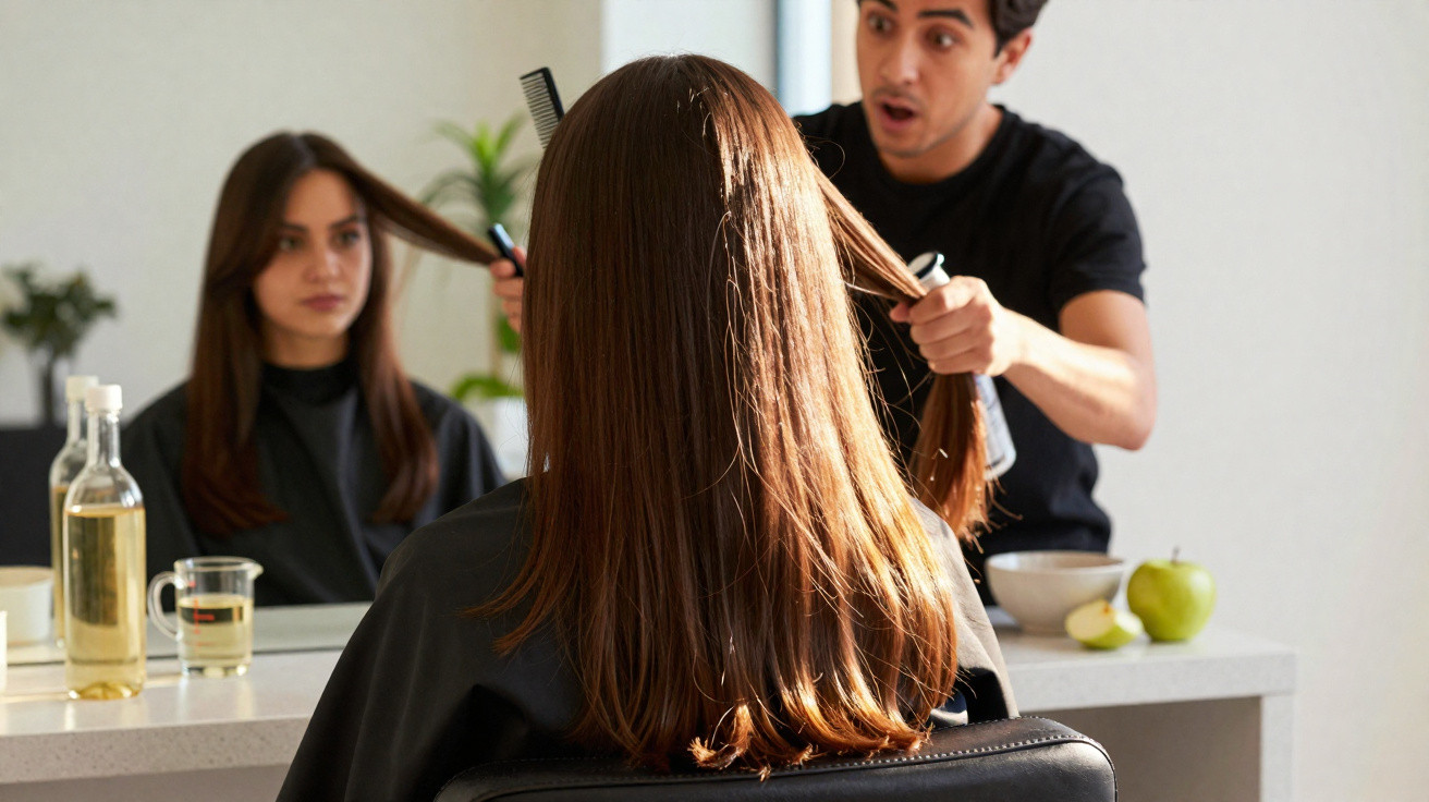 Homem penteando cabelo de mulher sentada em cadeira de salão de beleza com maçã verde na mesa.