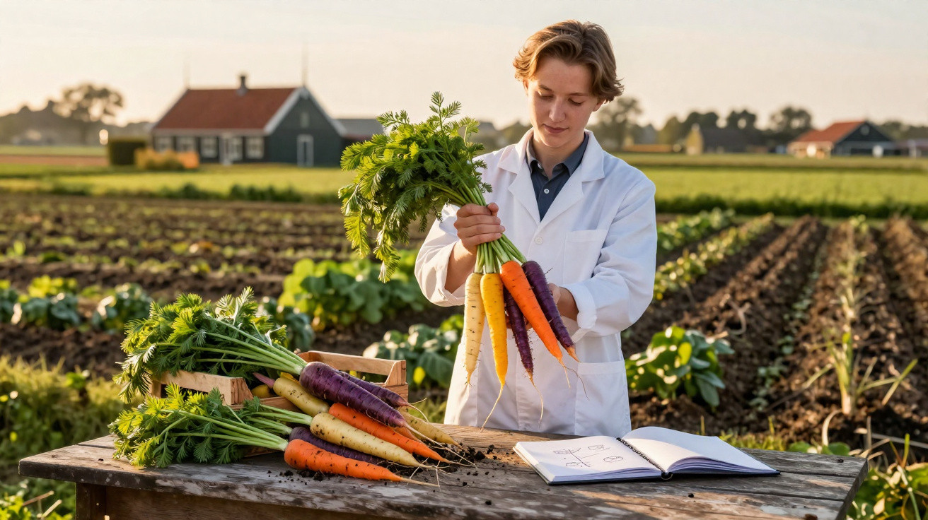 Jovem em campo agrícola segurando cenouras coloridas frescas, analisando-as ao lado de um caderno aberto.