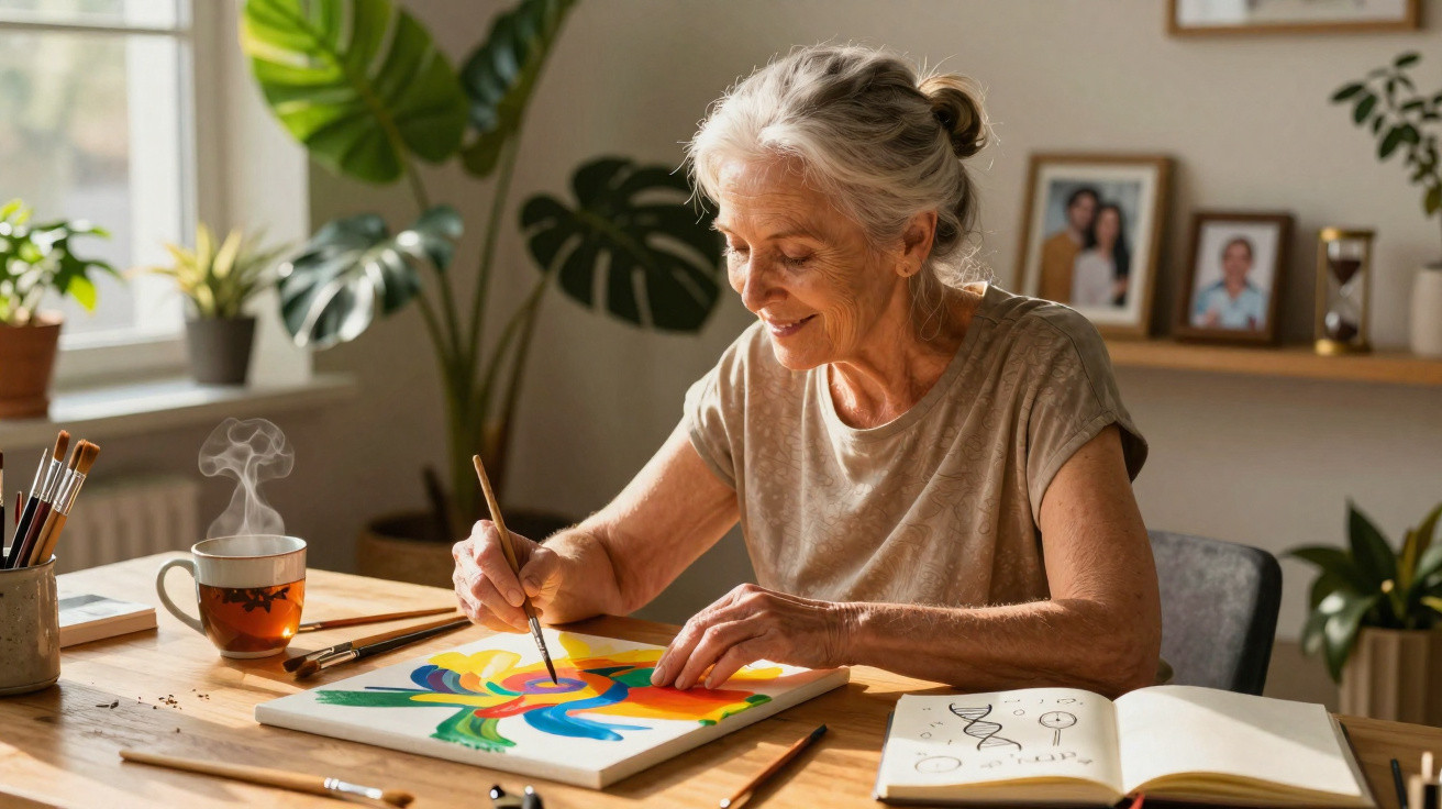 Mulher idosa pintando uma tela colorida em uma mesa com folhas e uma xícara de chá quente ao lado.