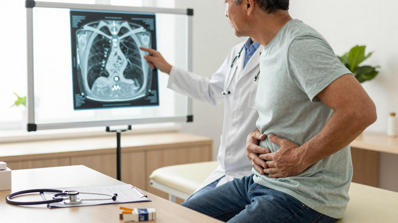 Homem com dor abdominal consulta médico que aponta exame de imagem em clínica médica.