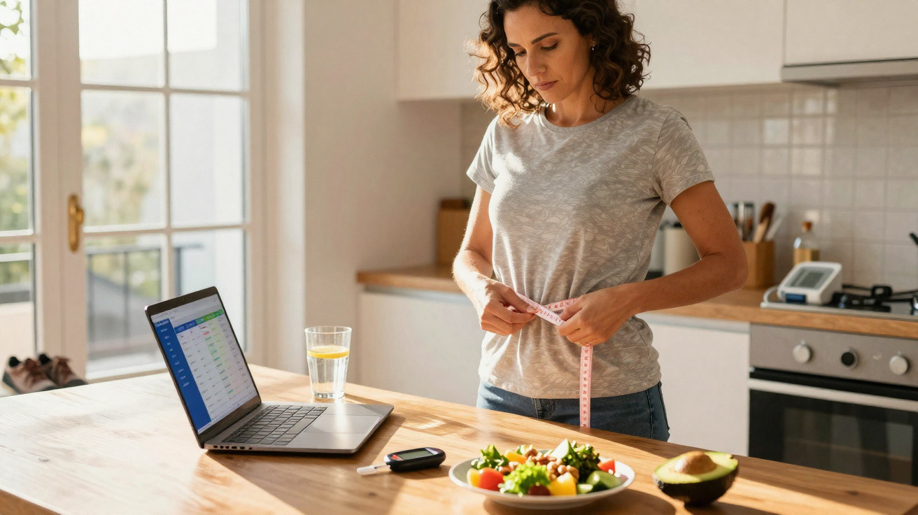 Mulher medindo cintura na cozinha com laptop, salada, abacate e copo de água na mesa.