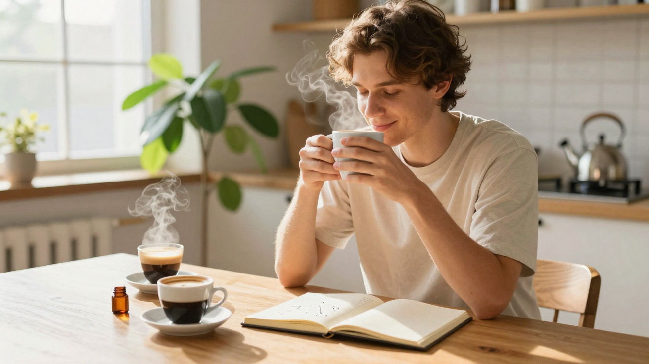 Jovem sentado à mesa tomando café e lendo livro em cozinha iluminada e decorada com plantas.