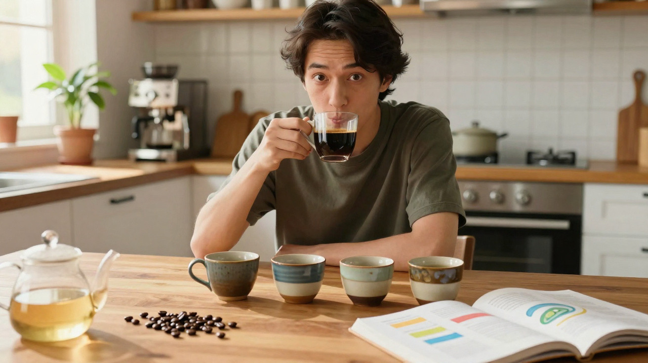 Homem sentado à mesa na cozinha, degustando café com quatro xícaras e livro aberto à sua frente.