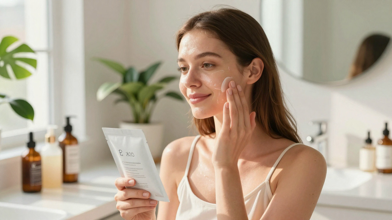 Mulher aplicando máscara facial em um ambiente iluminado e natural, com plantas ao fundo.