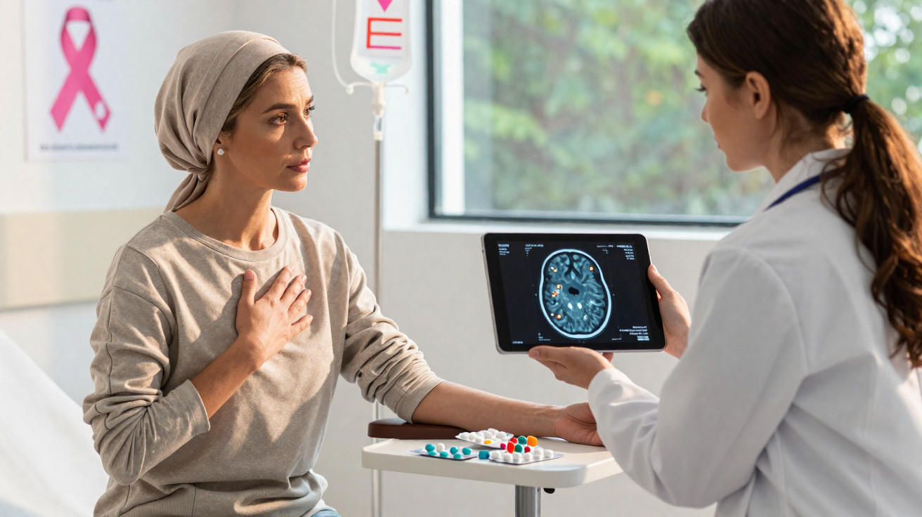 Paciente com lenço na cabeça consulta médica com doutora que mostra exame cerebral em tablet.