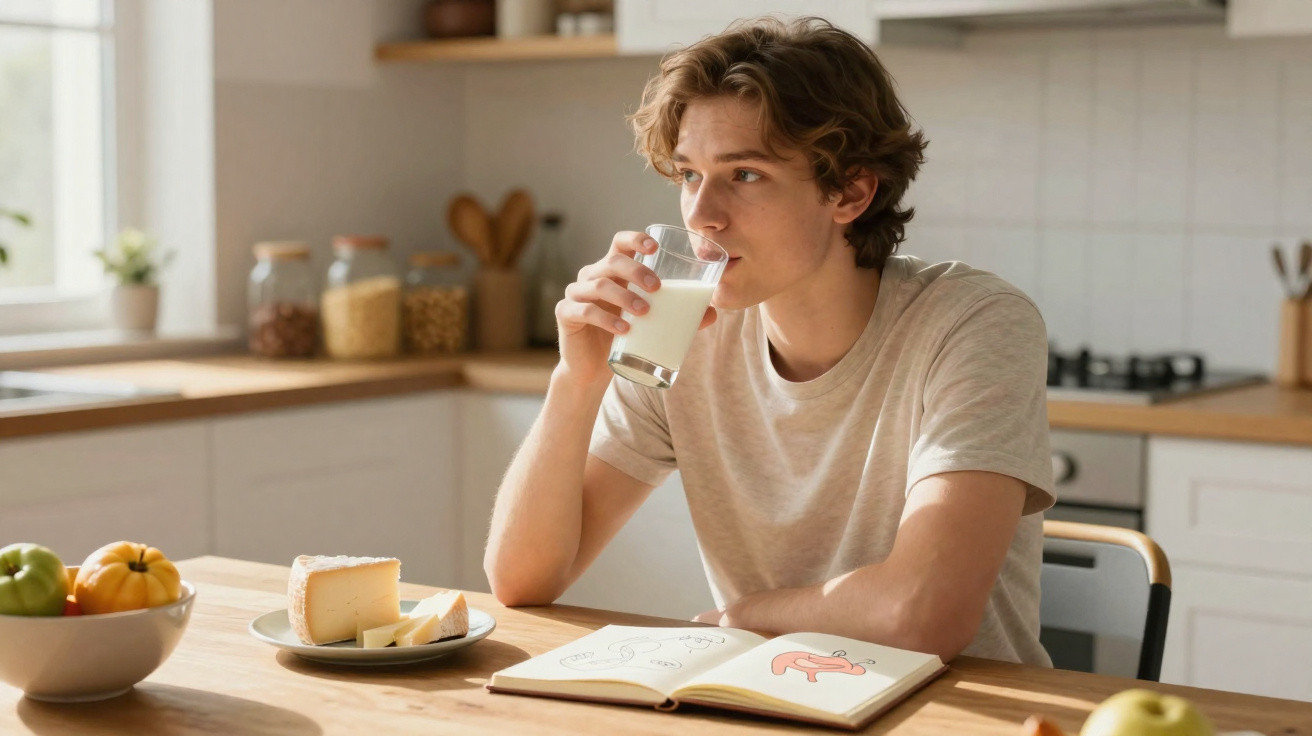 Jovem sentado à mesa da cozinha bebendo leite e olhando para o lado com um livro aberto à sua frente.