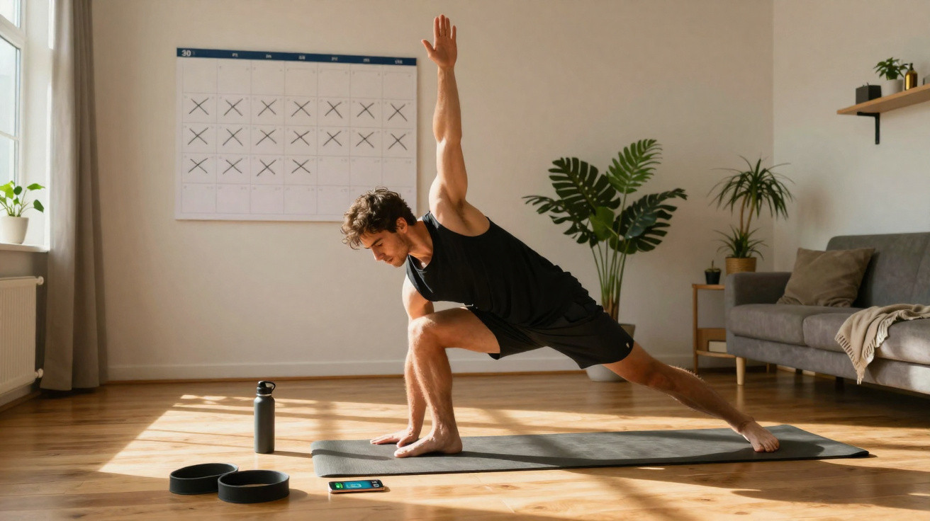 Homem fazendo alongamento em tapete de yoga na sala iluminada, com garrafa e acessórios ao lado.
