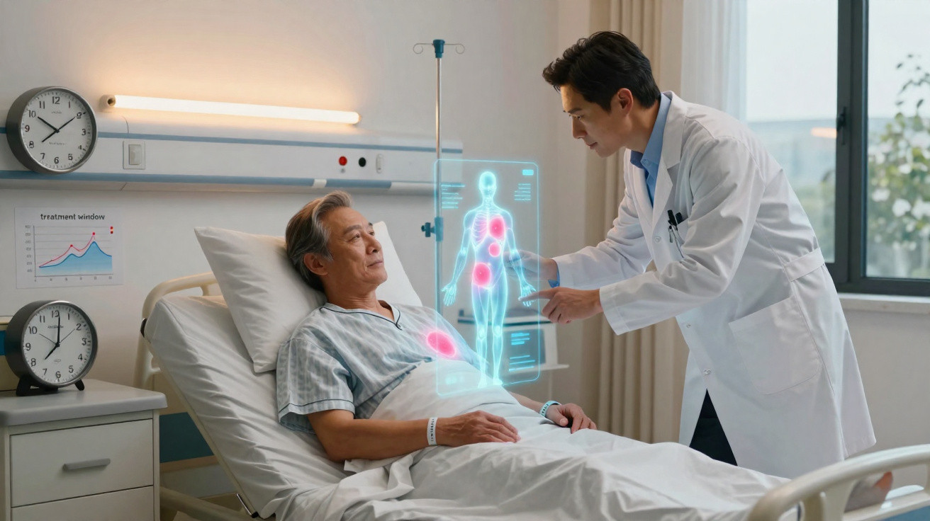 Médico analisando holograma do corpo do paciente idoso em cama de hospital, em ambiente iluminado.