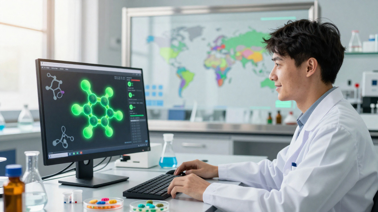 Cientista em laboratório analisando molécula verde 3D em computador com frascos e mapa mundial ao fundo.