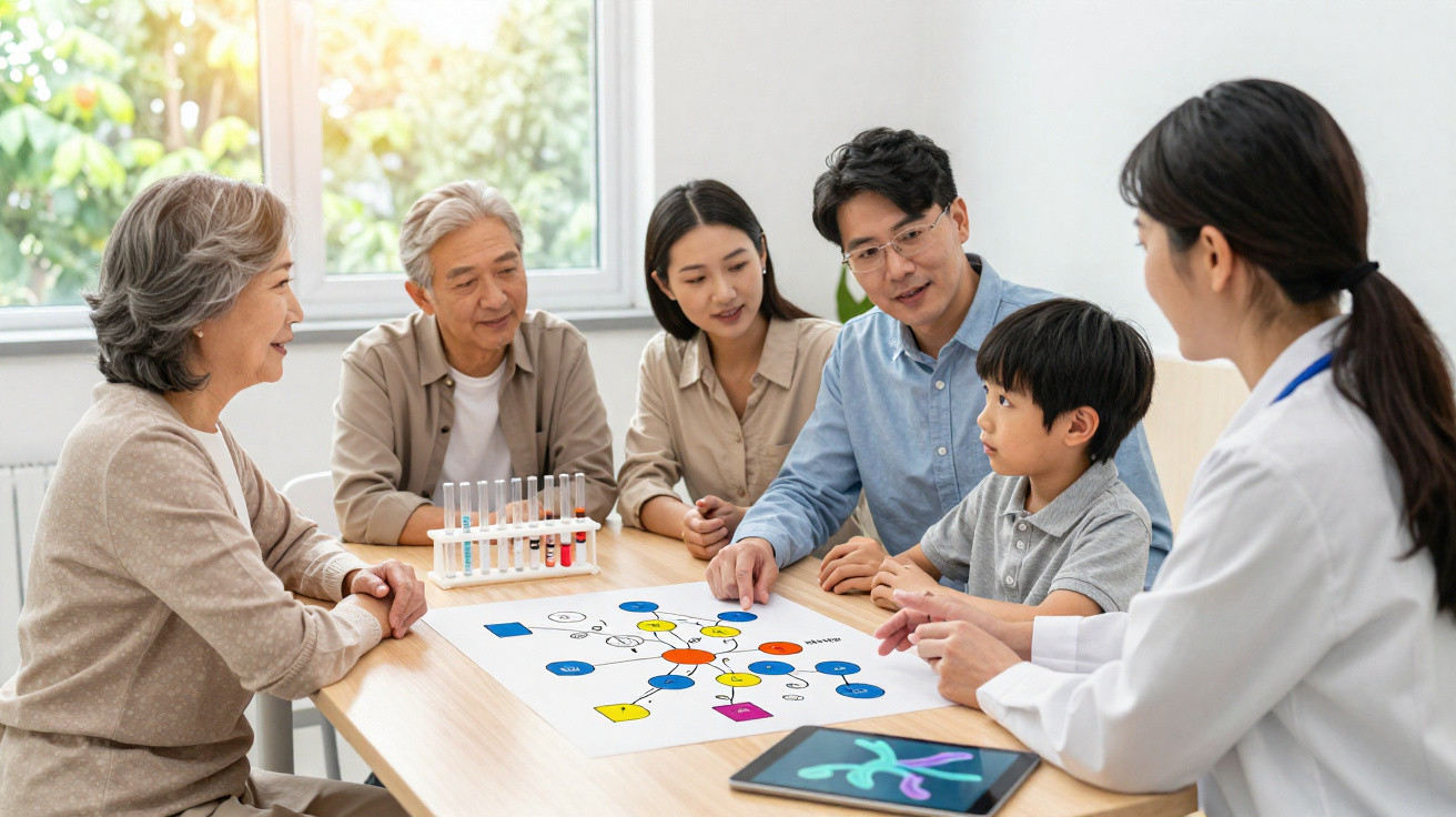 Família asiática em reunião com médica, analisando teste genético e tubos de coleta no consultório.