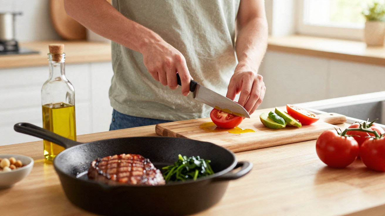 Pessoa cortando tomate na tábua de madeira com bife e legumes na frigideira ao lado na cozinha.