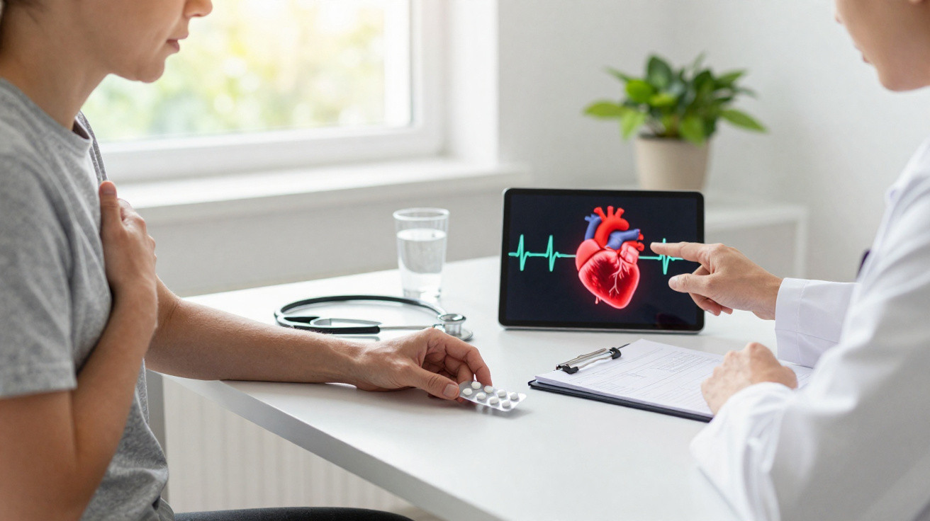Paciente segurando comprimidos consulta médico com imagem de coração em tablet na mesa