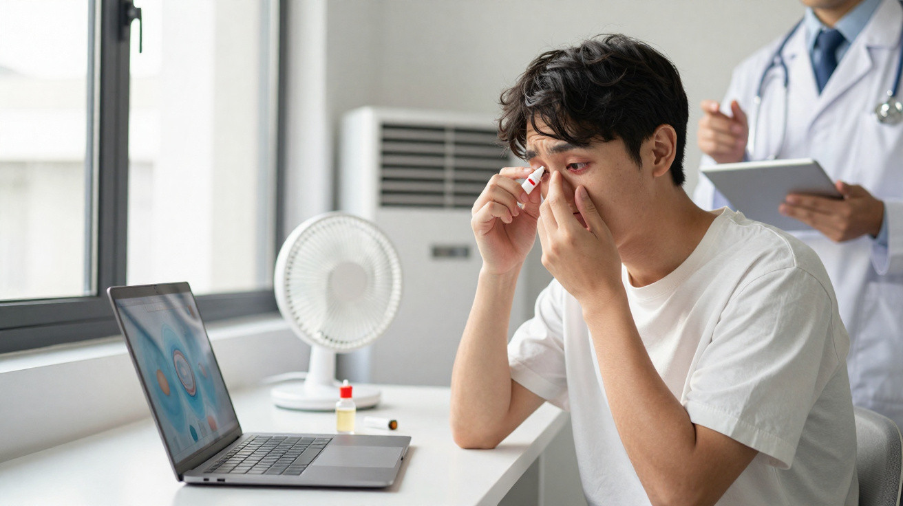 Homem aplicando colírio no olho enquanto médico observa com tablet ao fundo em consultório.