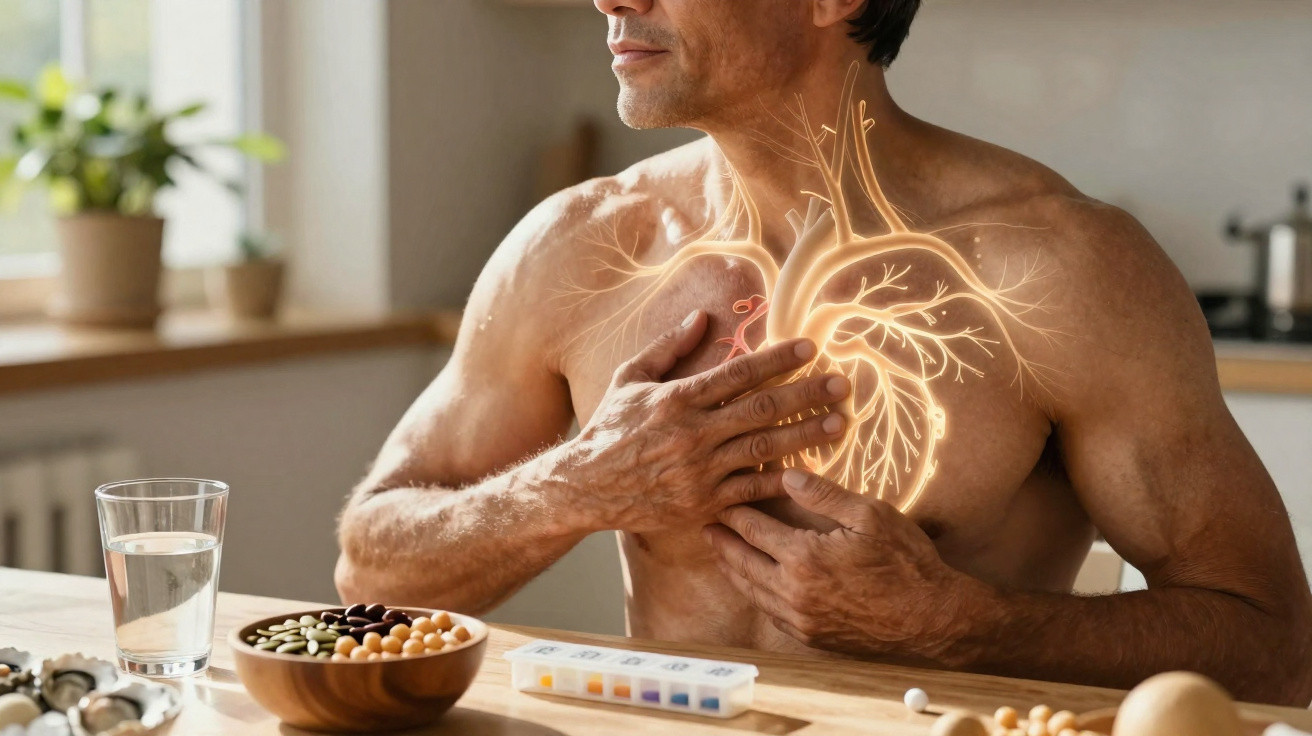 Homem segurando o peito com efeito digital mostrando anatomia do coração, com alimento e remédios à frente.