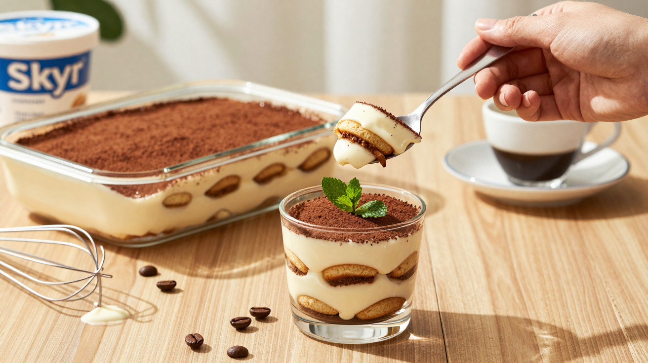 Sobremesa de tiramisu em taça e travessa, com café e grãos de café sobre mesa de madeira clara.
