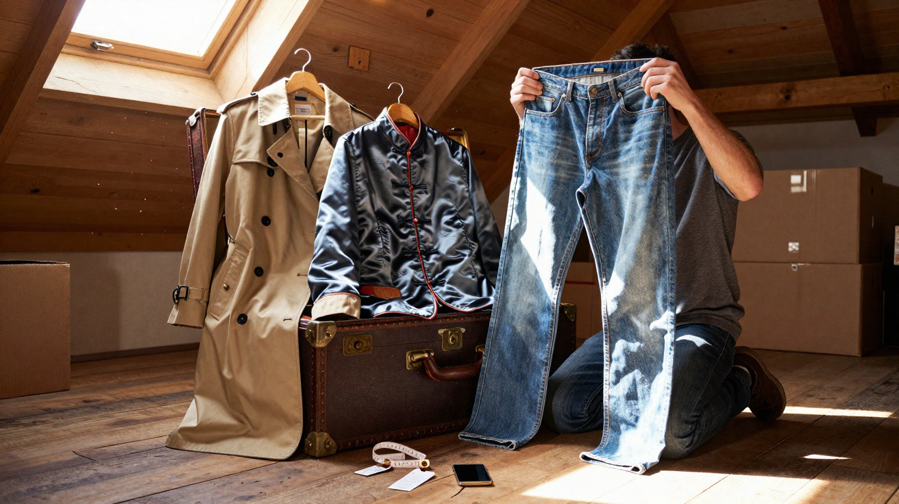 Pessoa segurando calça jeans à frente de mala, casaco bege e jaqueta preta em sótão com caixas de papelão.