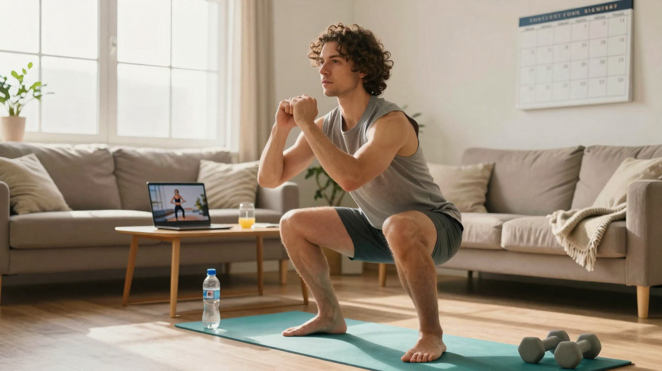 Homem fazendo agachamento em tapete de yoga na sala com laptop e pesos ao lado.