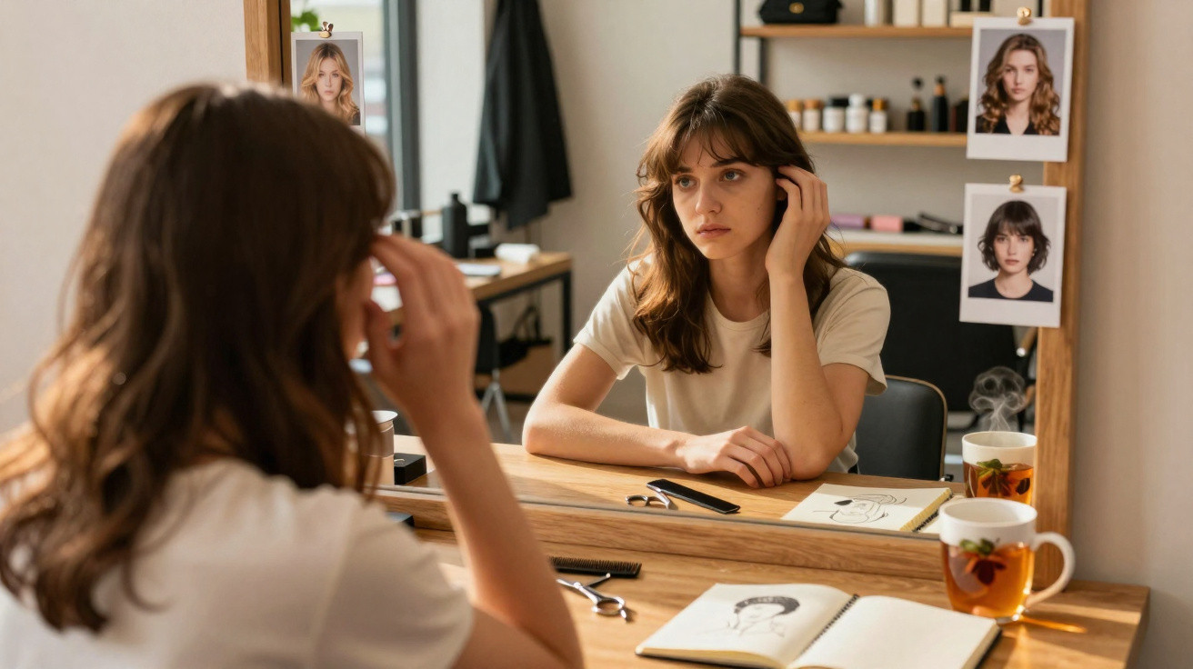 Mulher jovem olhando seu reflexo no espelho enquanto toca o cabelo em uma mesa com itens de beleza.
