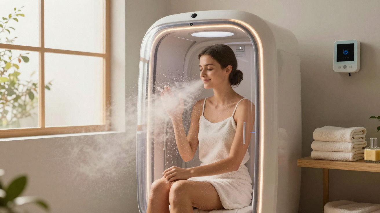 Mulher em toalha branca usando cabine de sauna facial com vapor em ambiente claro e elegante.