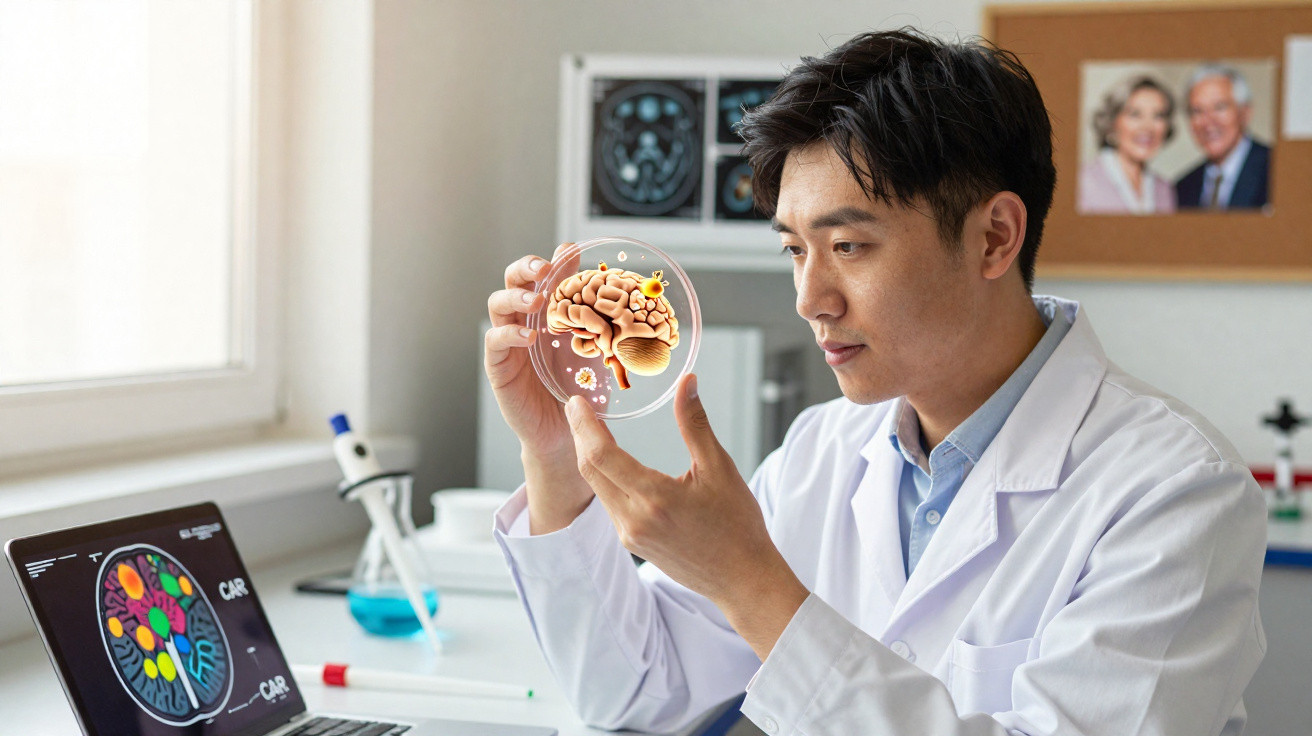 Cientista em laboratório analisando holograma digital de cérebro humano em placa de Petri.