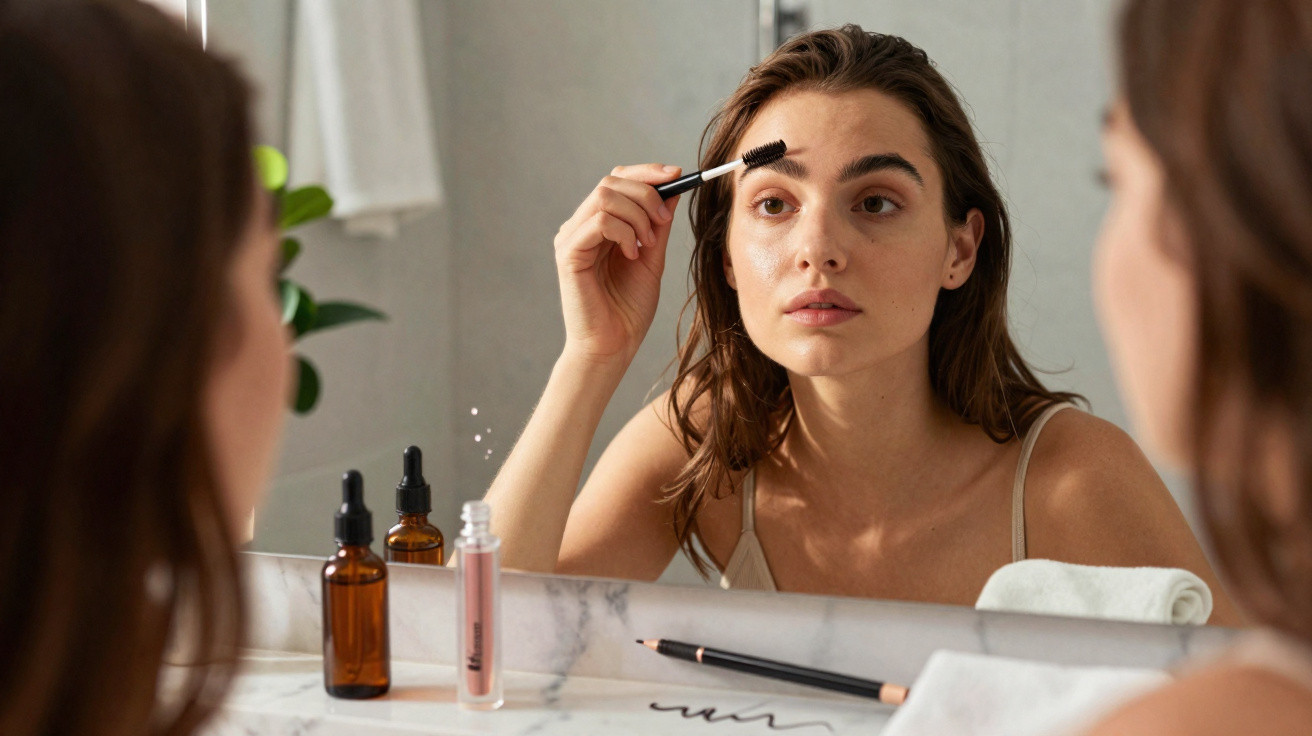 Mulher aplicando rímel nos cílios em frente ao espelho no banheiro com produtos de beleza na bancada.