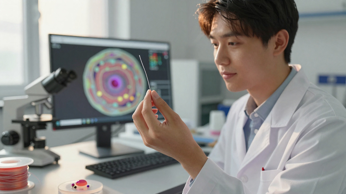 Cientista analisando uma lâmina de vidro no laboratório com microscópio e tela ao fundo.