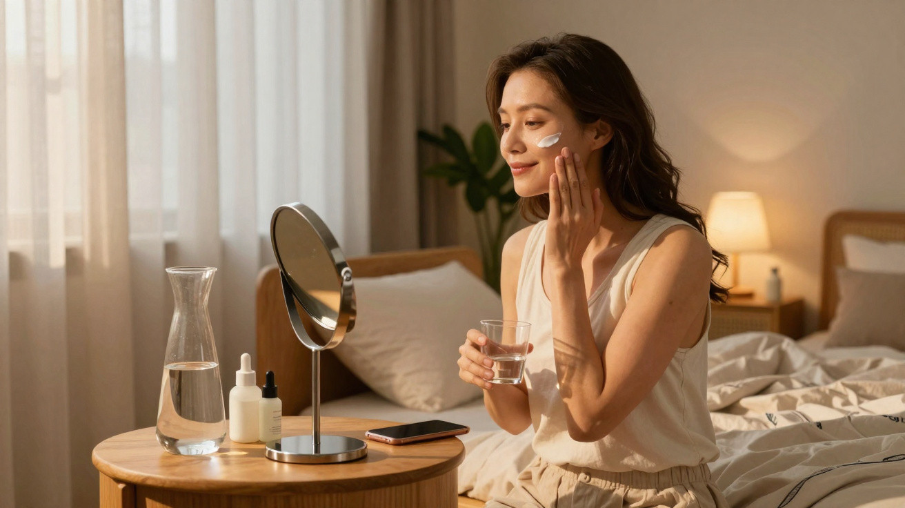 Mulher aplicando creme facial sentada na cama com espelho, jarra de água e frascos sobre a mesa ao lado.