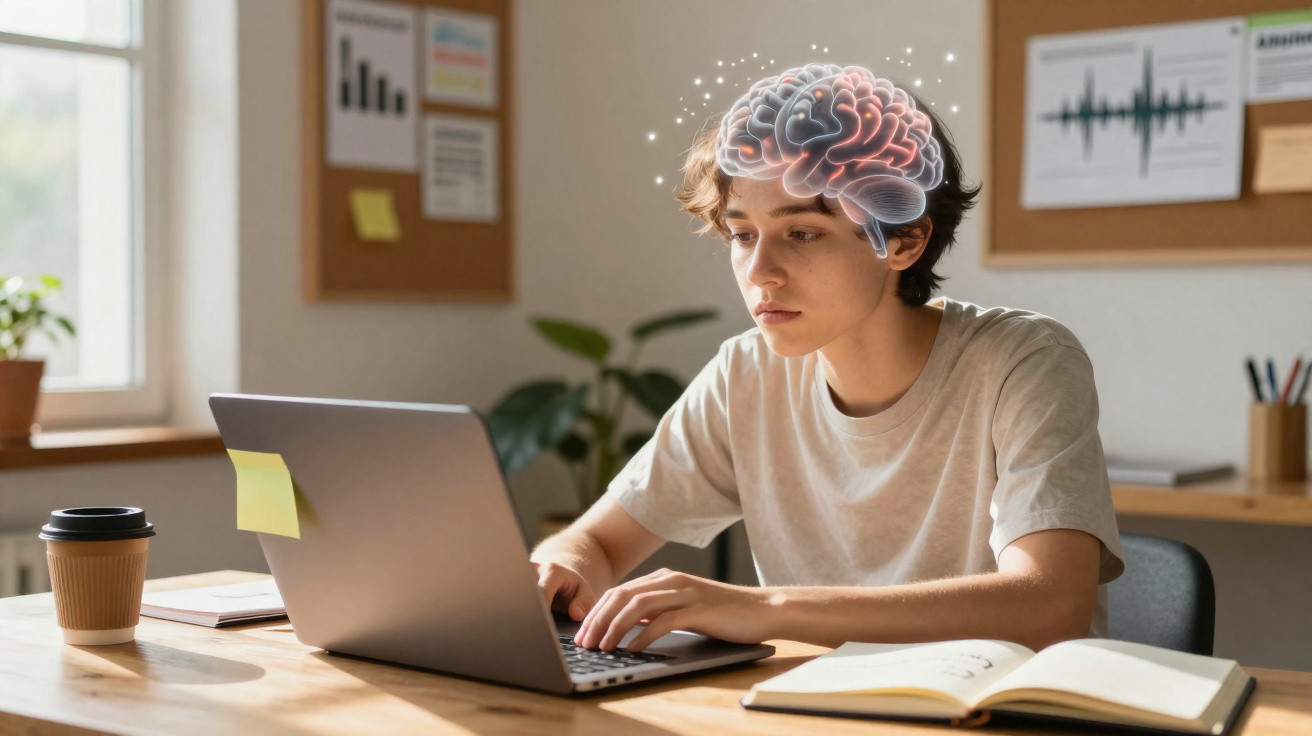 Jovem concentrado usando laptop com ilustração de cérebro iluminado ao redor da cabeça.