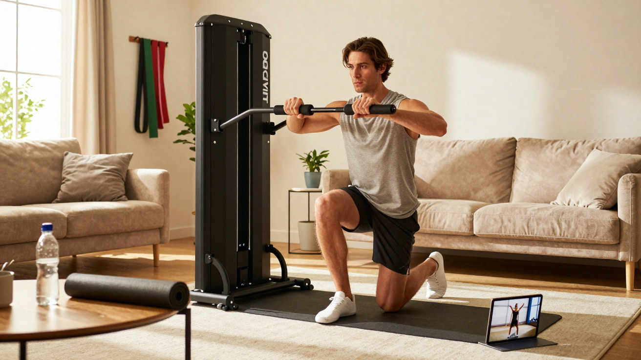 Homem fazendo exercício com aparelho de musculação em sala de estar, acompanhado por treino em tablet.