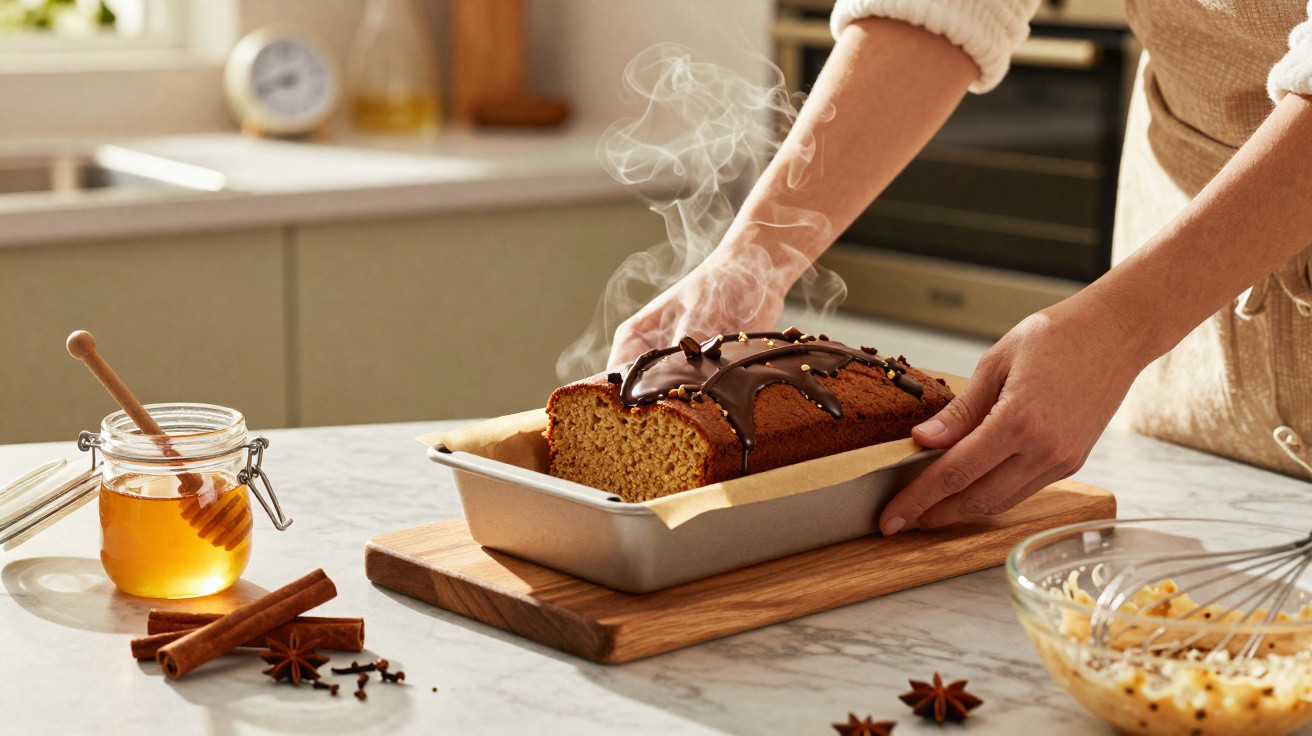 Pessoa retirando bolo com cobertura de chocolate quente do forno em cozinha iluminada naturalmente.