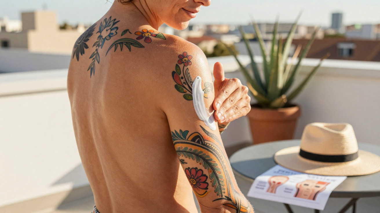 Mulher com tatuagens aplicando protetor solar no braço em terraço sob luz do sol.