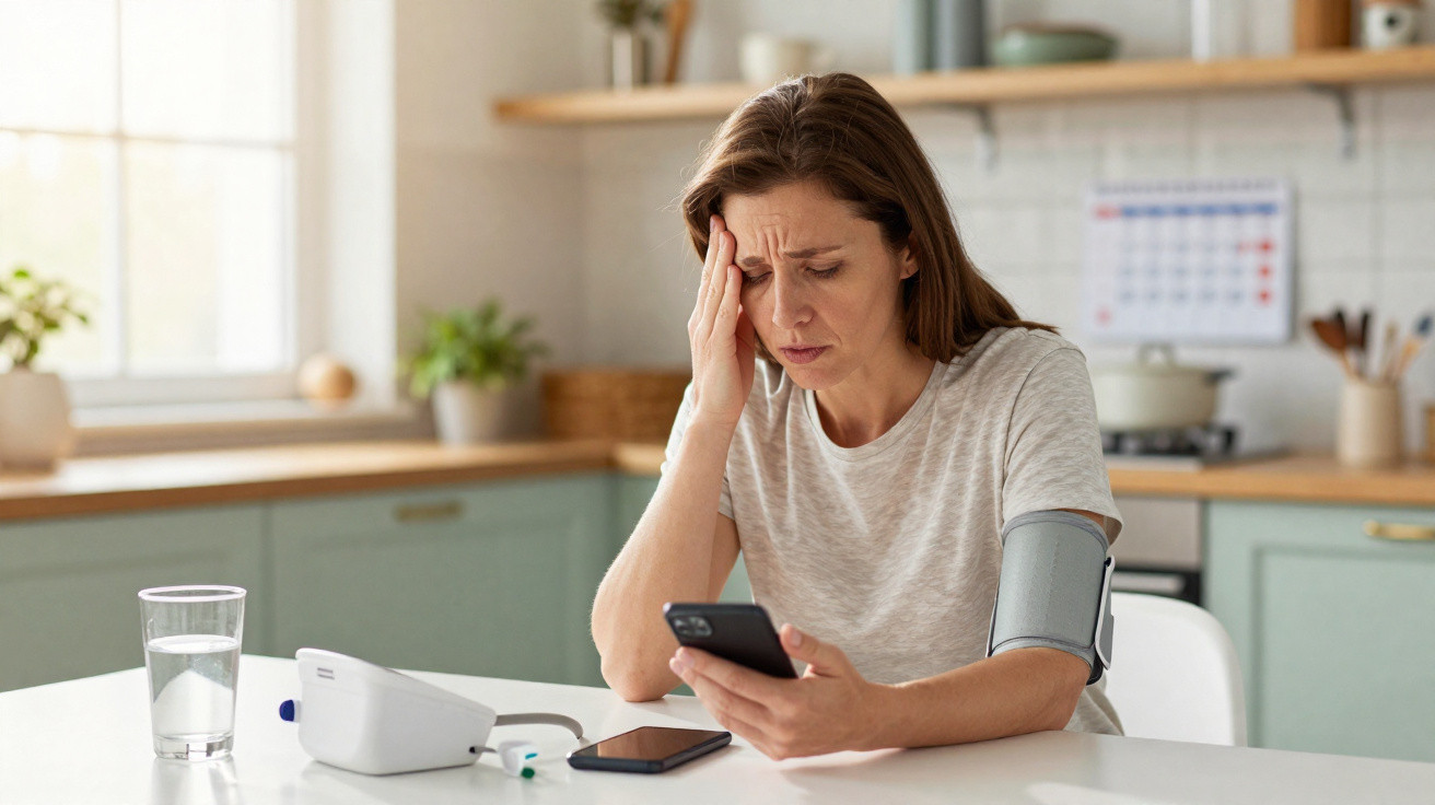 Mulher com pressão arterial sendo medida, olhando celular com expressão preocupada em cozinha.